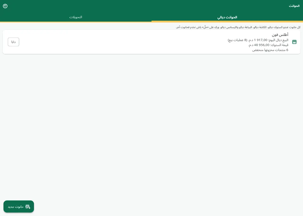الشاشة ديال الحوانت: البيعات ديال النهار، القيمة ديال الستوك والسلع اللي الستوك ديالها قليل لكل حانوت، والأونگلي ديال التحويلات.