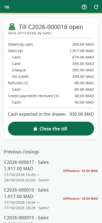 Till: opening float, sales by payment method, closing