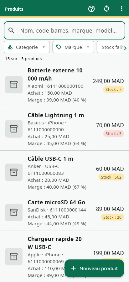 La liste des produits vue par l'administrateur : filtres, prix de vente, prix d'achat, marge et stock de chaque article.