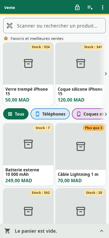 La caisse sur téléphone : recherche et scan par la caméra en haut, grandes tuiles, panier qui s'ouvre en bas de l'écran.