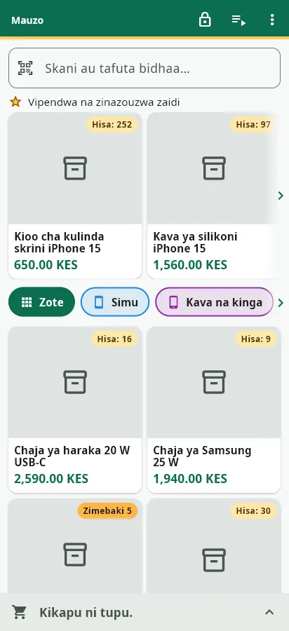 Kaunta kwenye simu: utafutaji na kuskani kwa kamera juu, vigae vikubwa, kikapu kinachofunguka chini ya skrini.